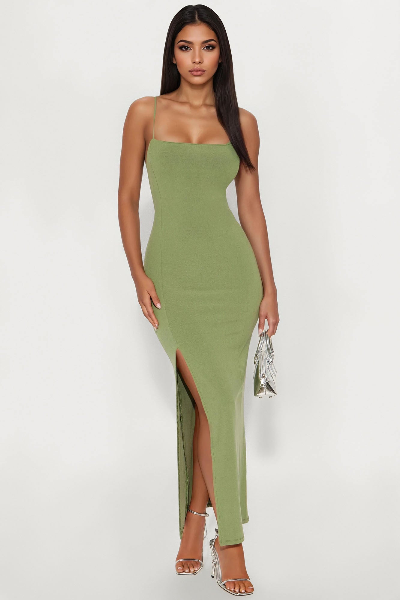 Piper High Slit Ribbed Maxi Dress - Olive