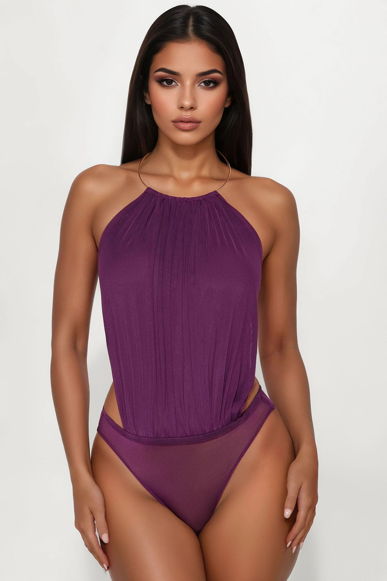Jennine Mesh Halter Mini Skirt Set - Purple