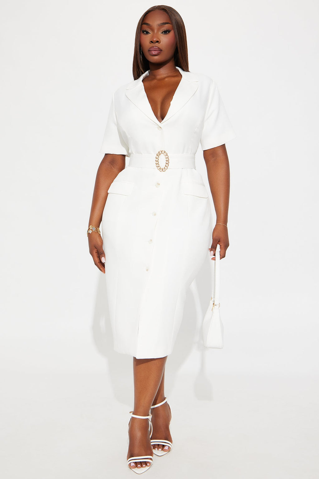 Ethel Belted Shirt Midi Dress - White