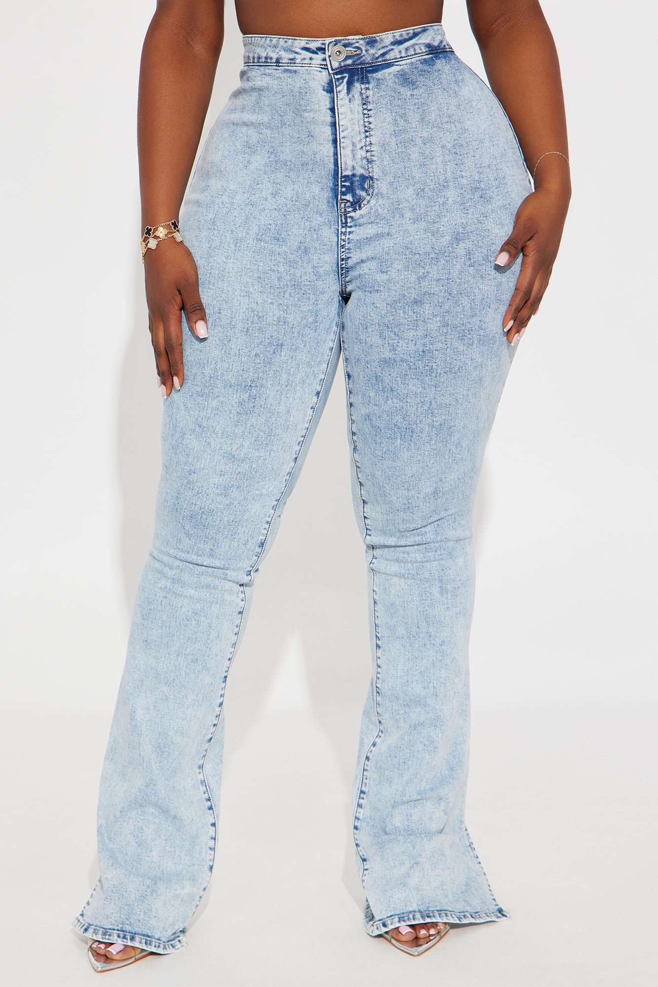 Tall Side Slit Stretch Slim Bootcut Jeans - Acid Wash Denim