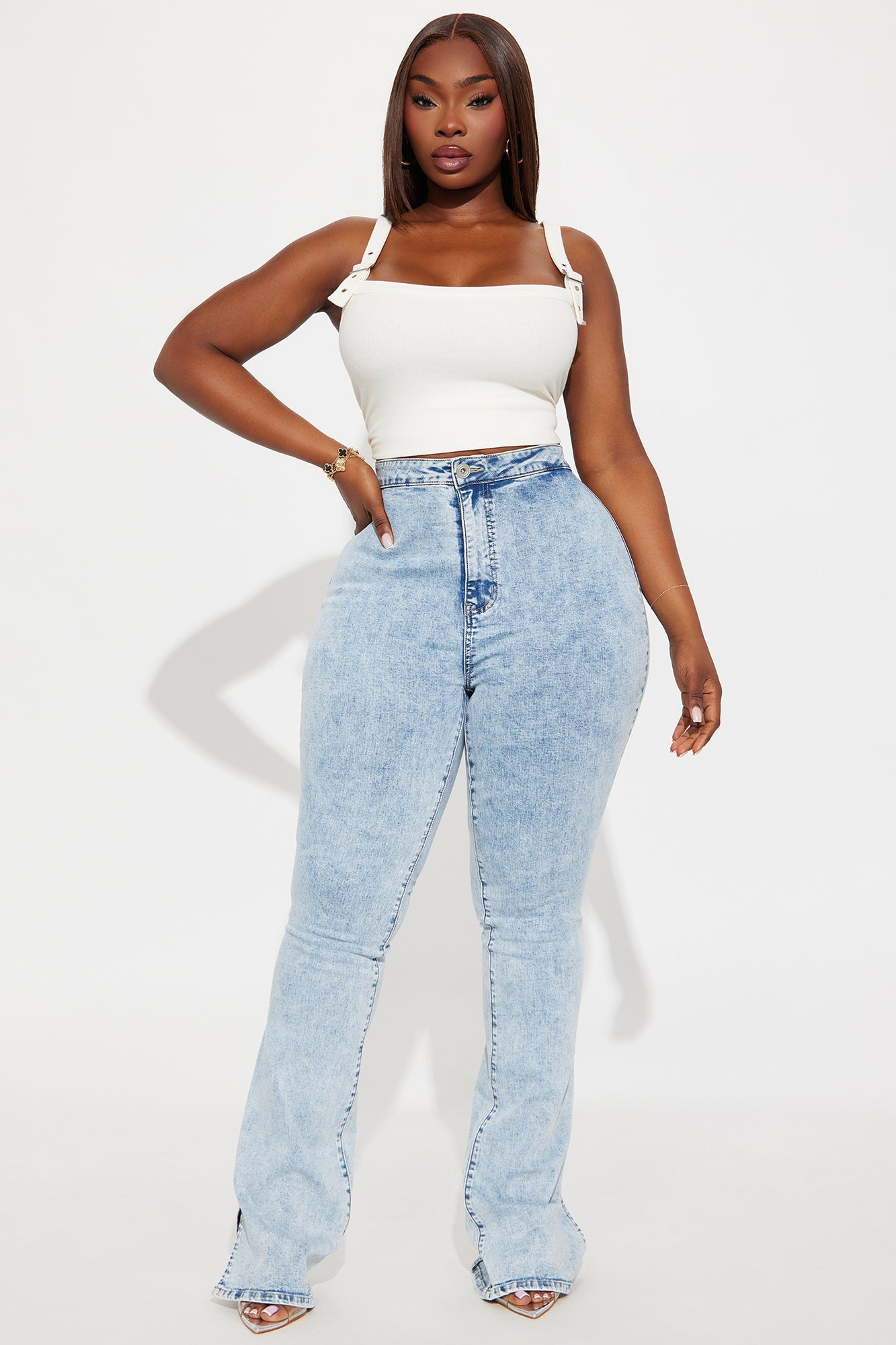 Tall Side Slit Stretch Slim Bootcut Jeans - Acid Wash Denim