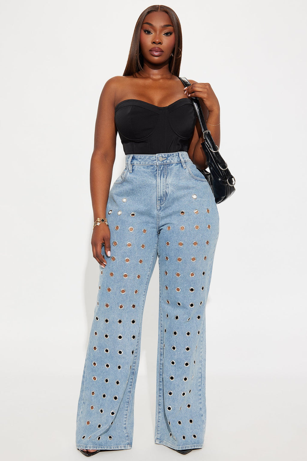 Throwing You Off Grommet Rigid Flare Jeans - Light Wash