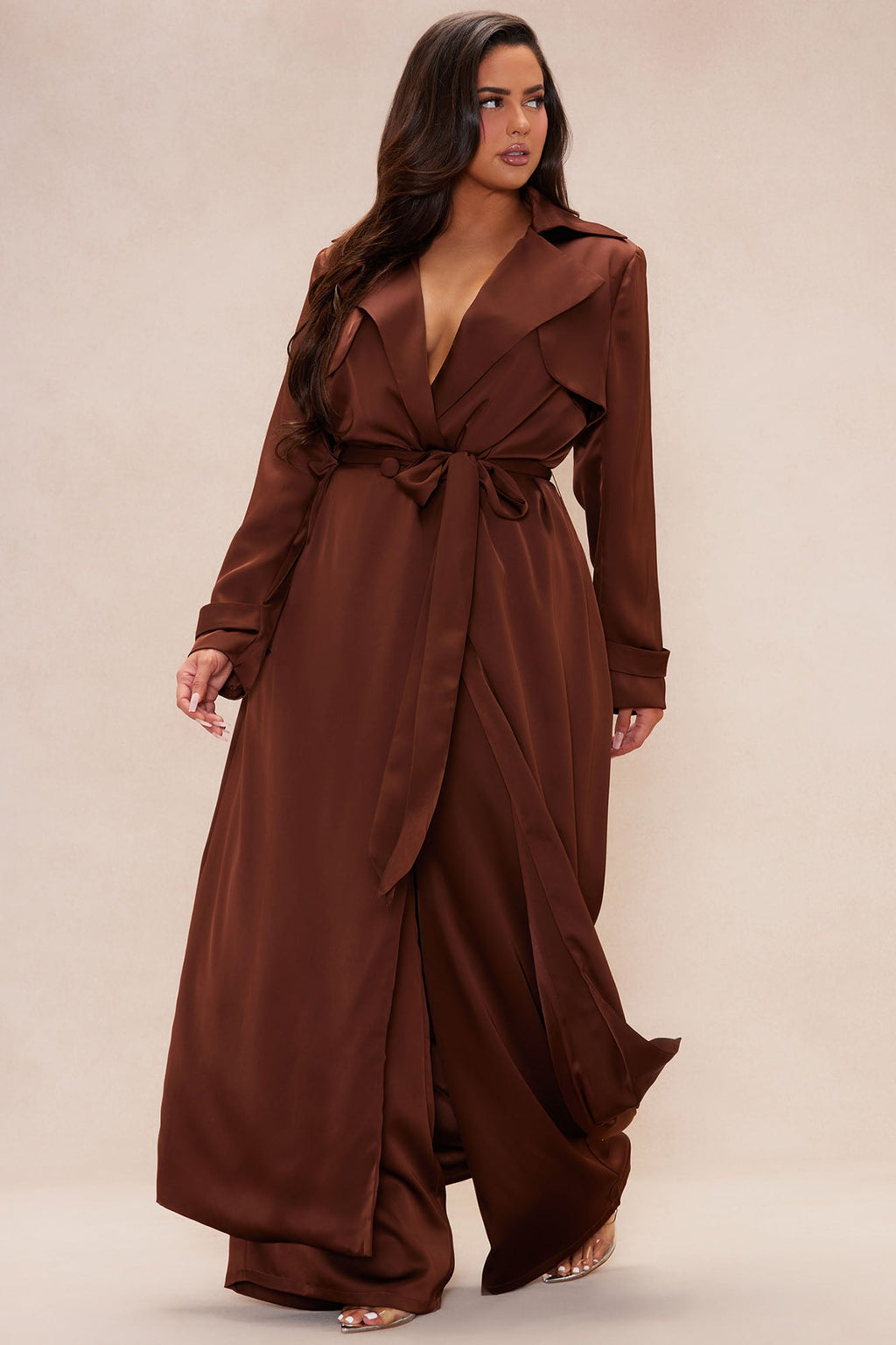 Gabriella Satin Trench Coat And Pant Set - Chocolate
