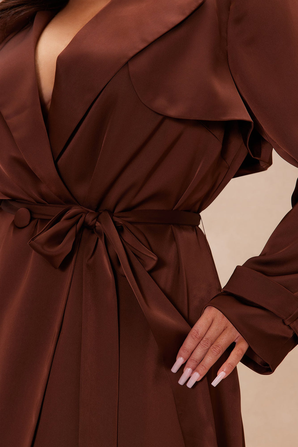 Gabriella Satin Trench Coat And Pant Set - Chocolate