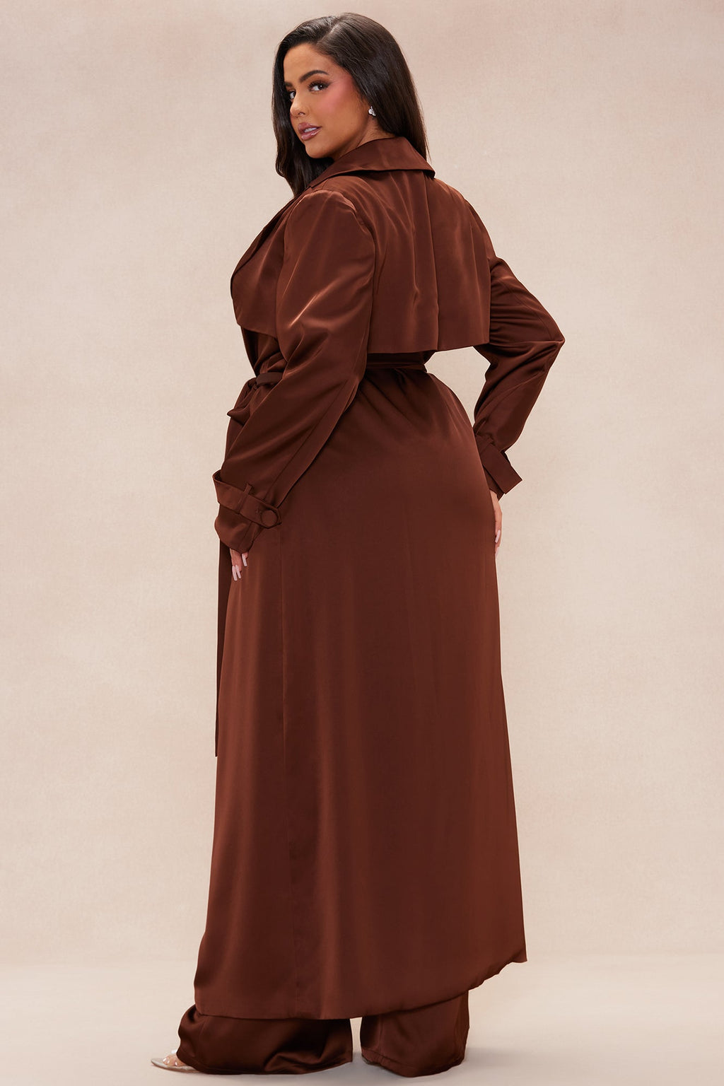 Gabriella Satin Trench Coat And Pant Set - Chocolate