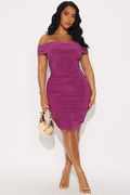 Della Off Shoulder Ruched Mini Dress - Magenta