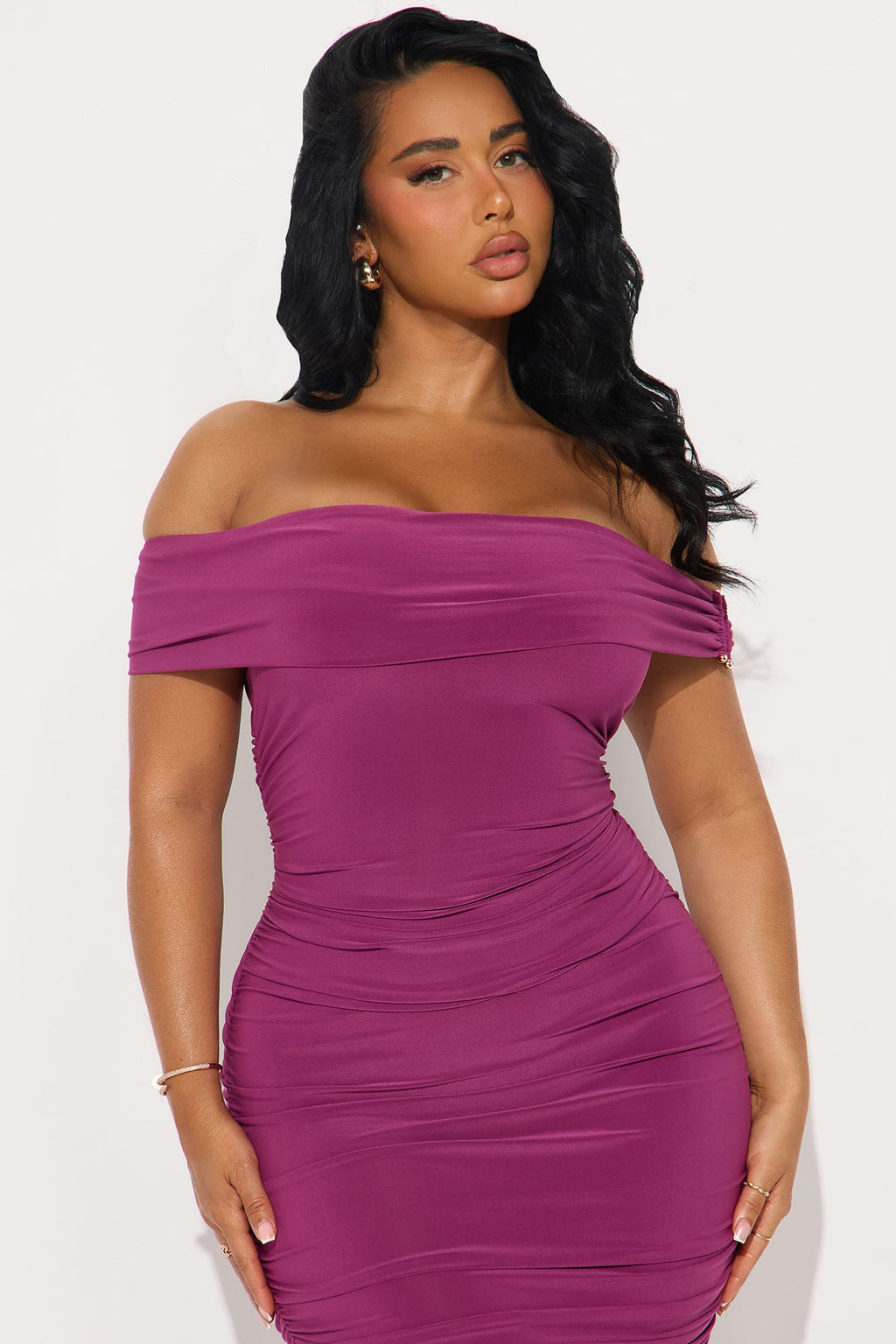 Della Off Shoulder Ruched Mini Dress - Magenta