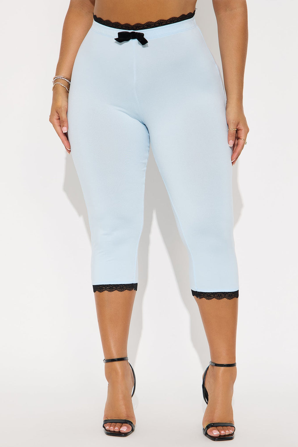 Valentina Solid Lace Trim Capri Legging - SkyBlue