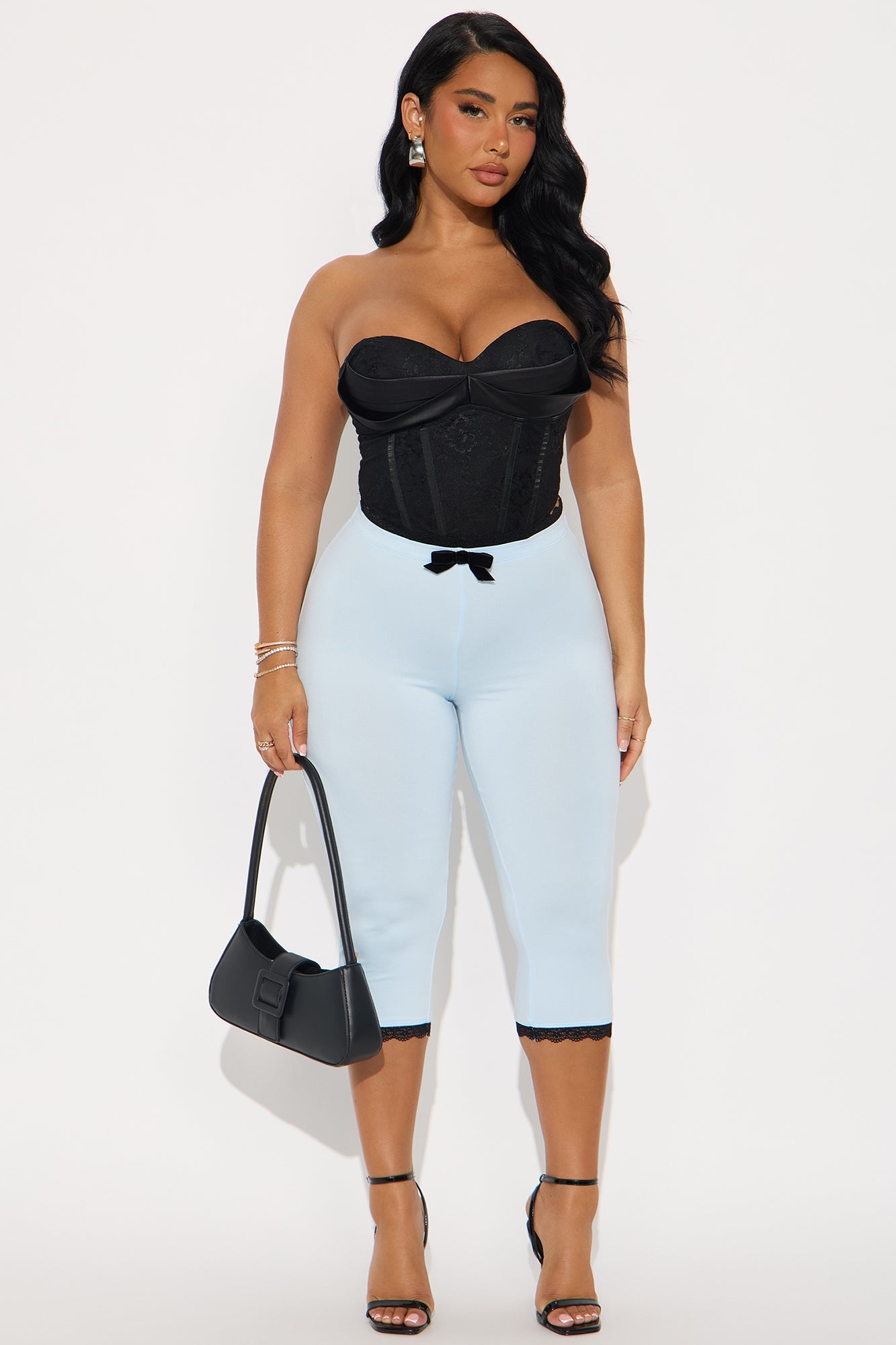 Valentina Solid Lace Trim Capri Legging - SkyBlue