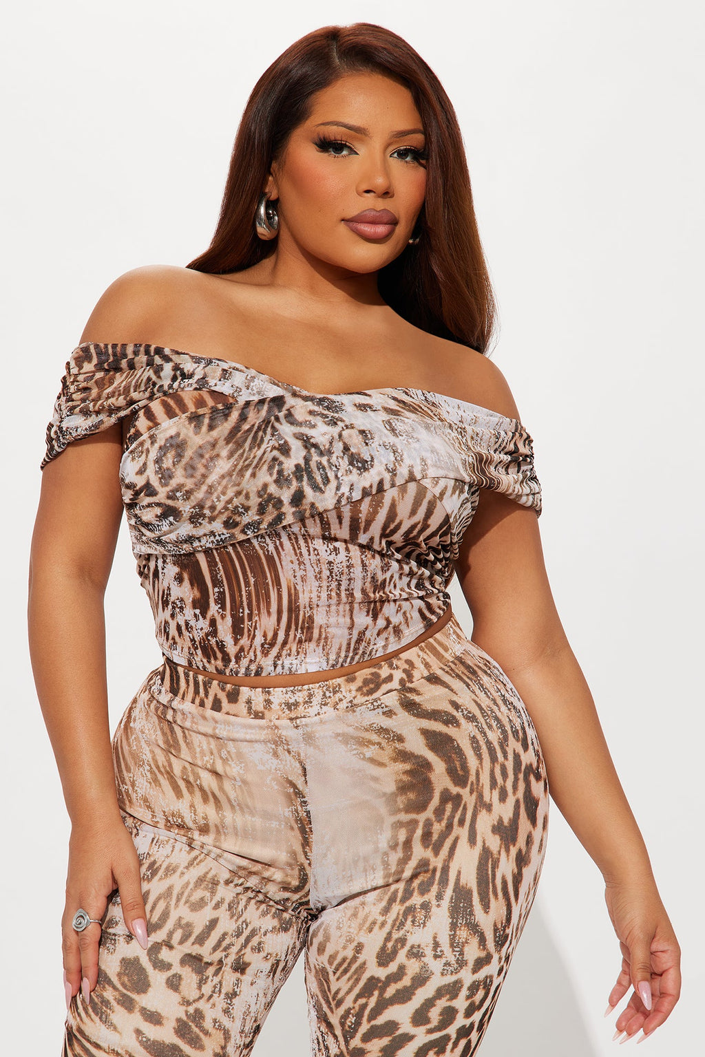 Feline Mesh Leopard Off Shoulder Capri Pant Set - Brown/combo