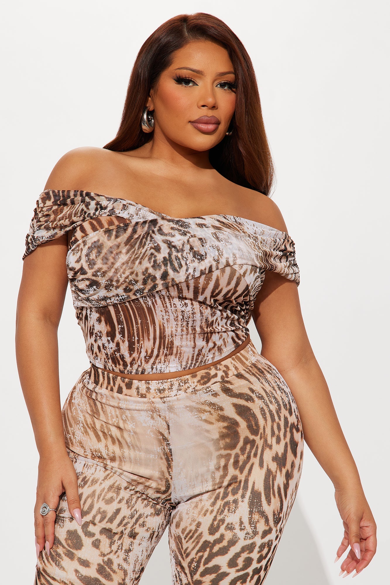 Feline Mesh Leopard Off Shoulder Capri Pant Set - Brown/combo