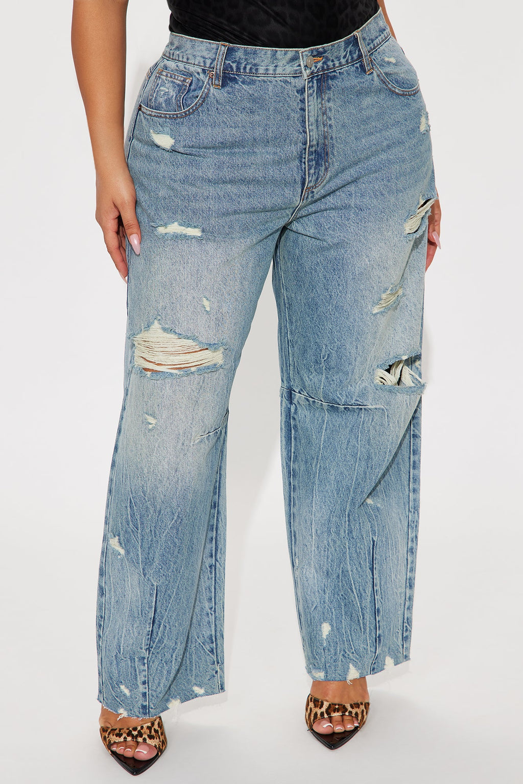 Bexy Destructed Barrel Wide Leg Jeans - Medium Wash