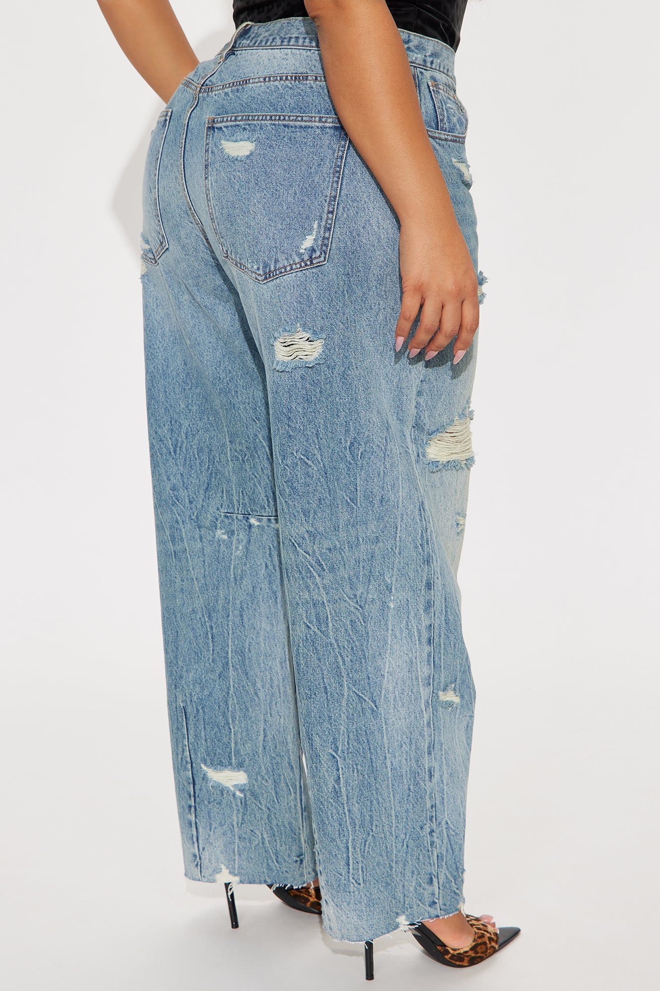 Bexy Destructed Barrel Wide Leg Jeans - Medium Wash