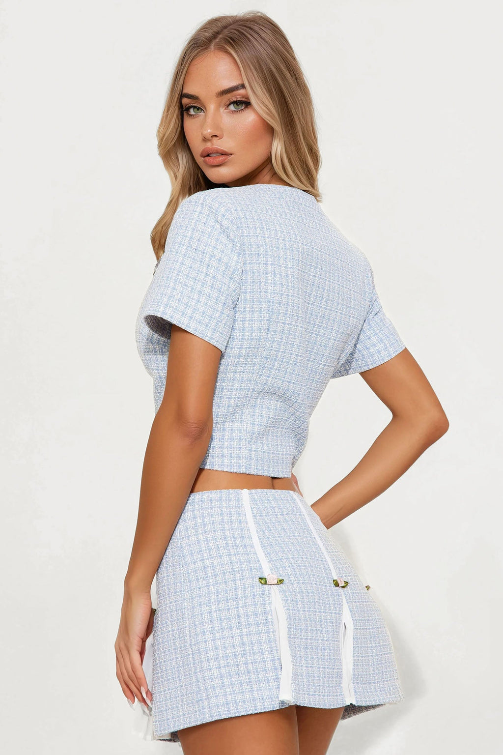 Let's have Tea Tweed Cropped Short Sleeve Blazer - Light Blue