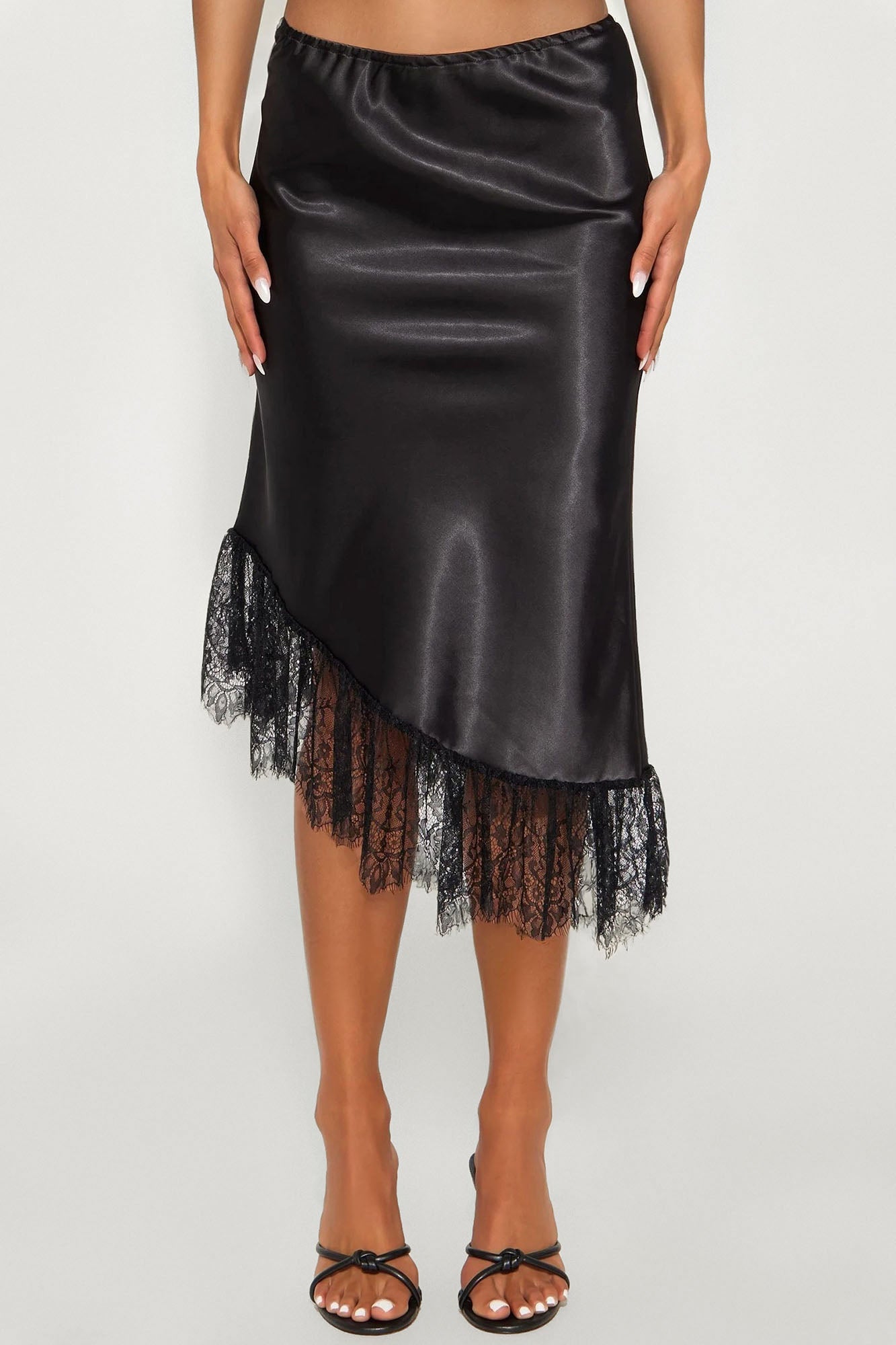 Dahlia Asymmetrical Satin Midi Skirt - Black