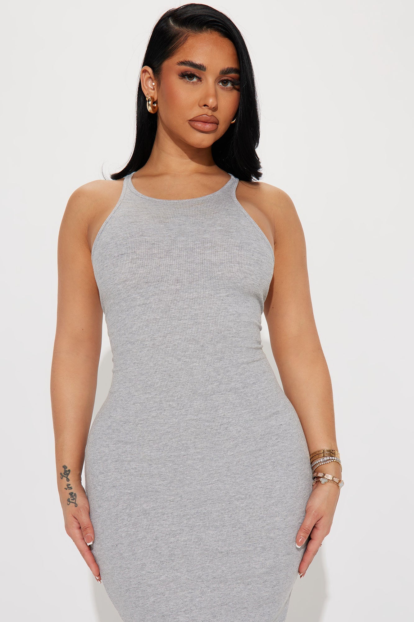 Sleek Chic Ribbed Midi Dress - Heather Grey