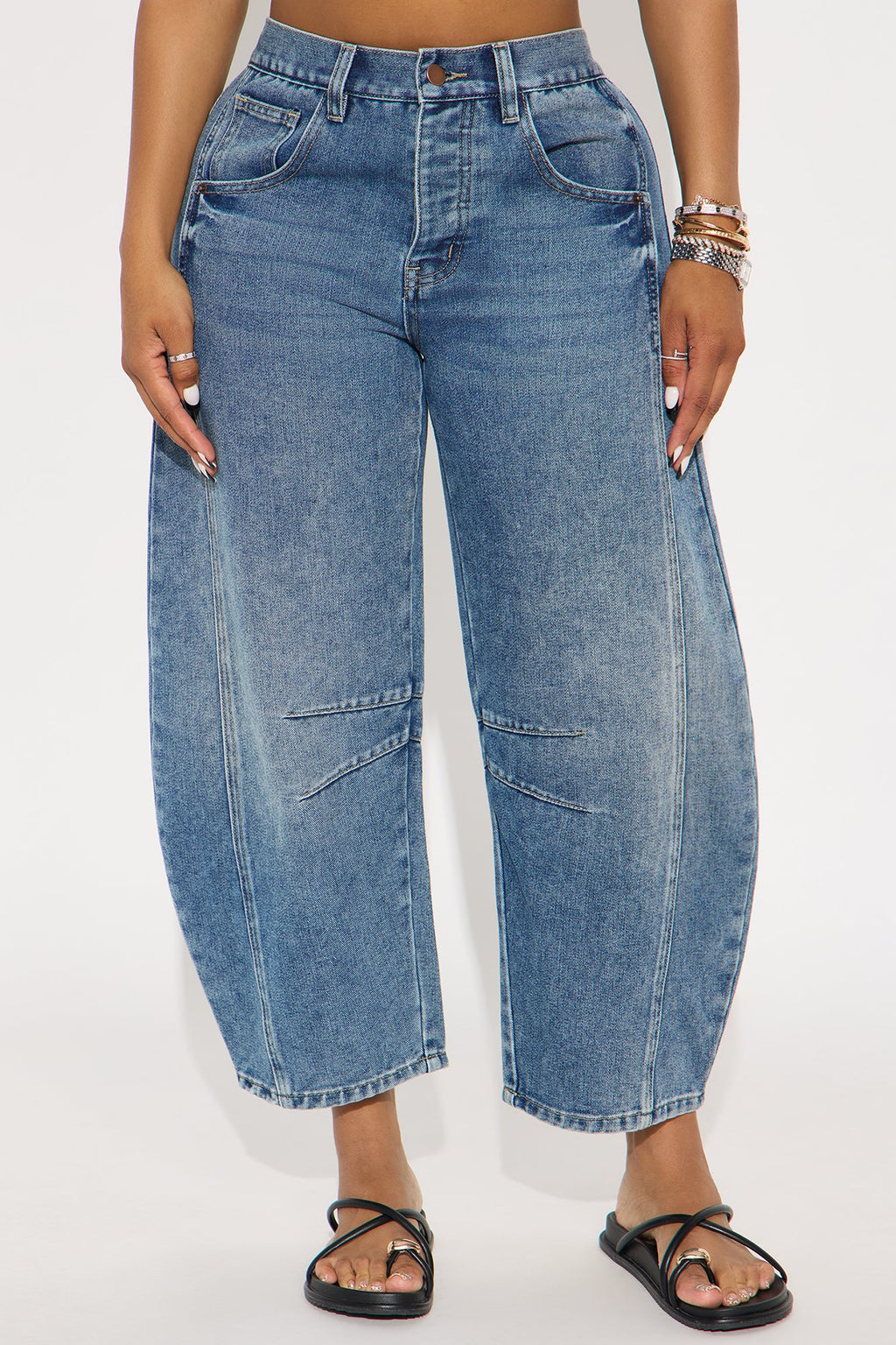 Out Of Office Mid Rise Barrel Leg Jeans - Medium Wash
