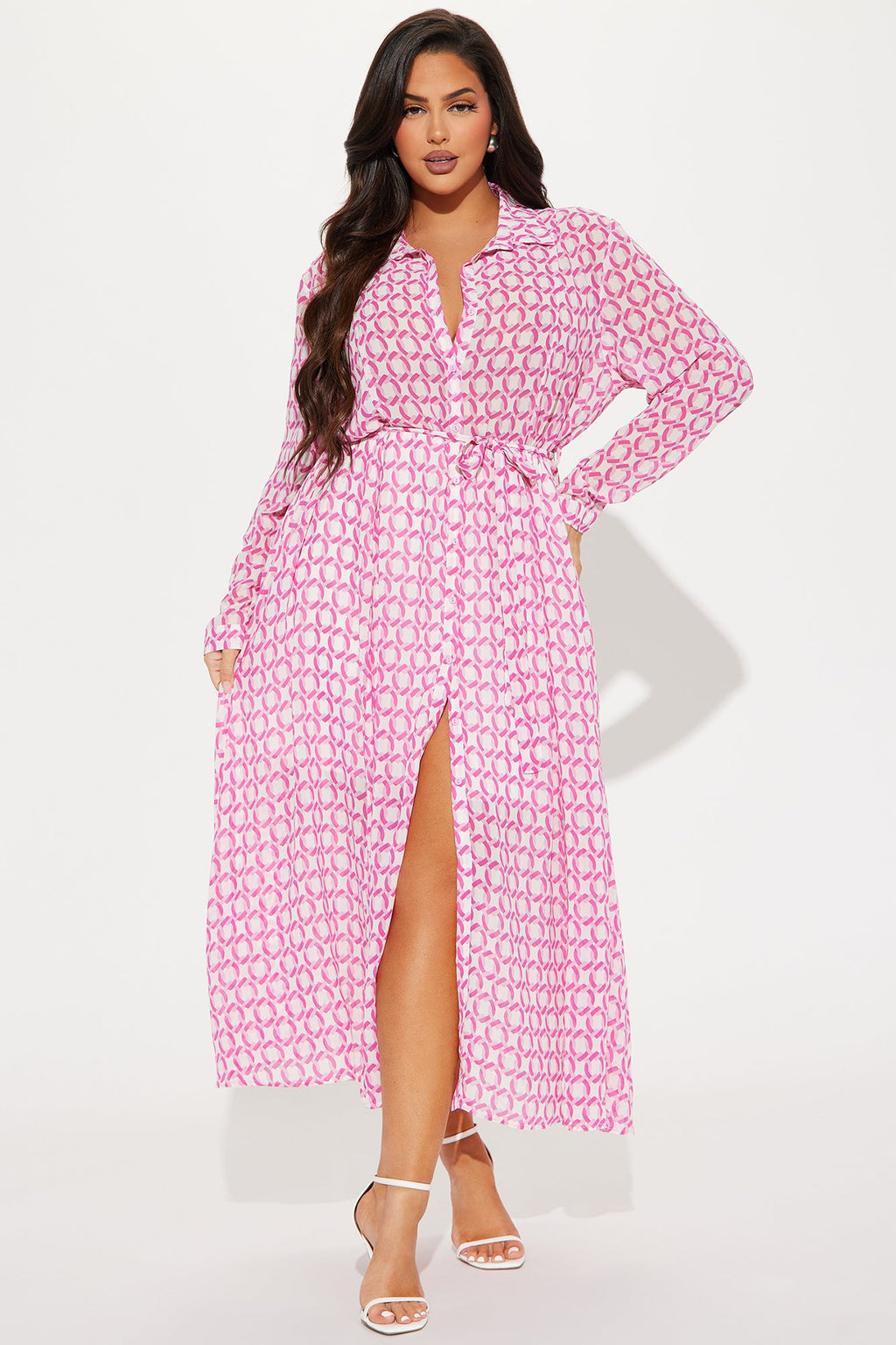 Tara Chiffon Midi Shirt Dress - Pink/combo
