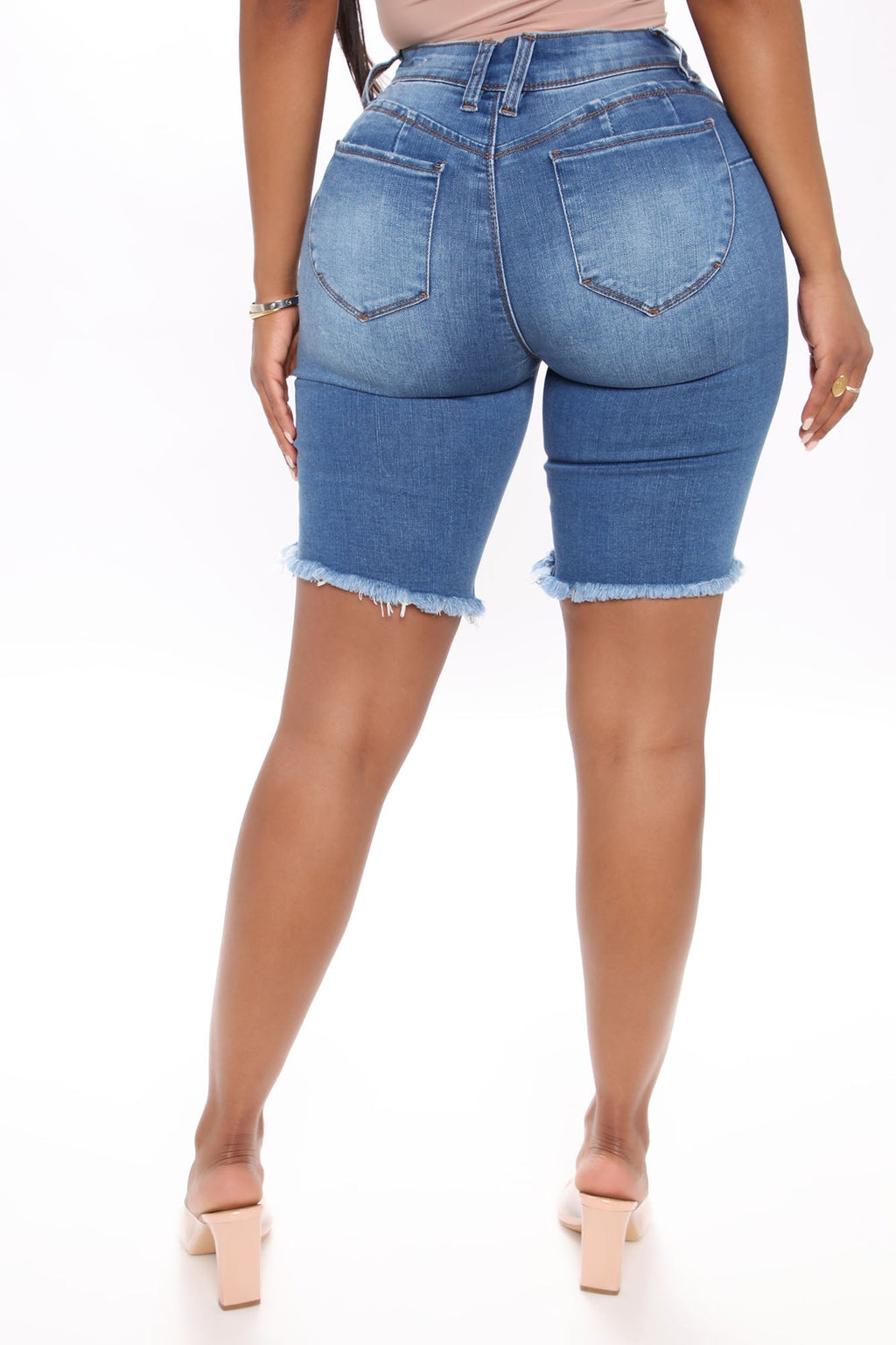 Corinna Booty Lifting Denim Bermudas - Medium Blue Wash