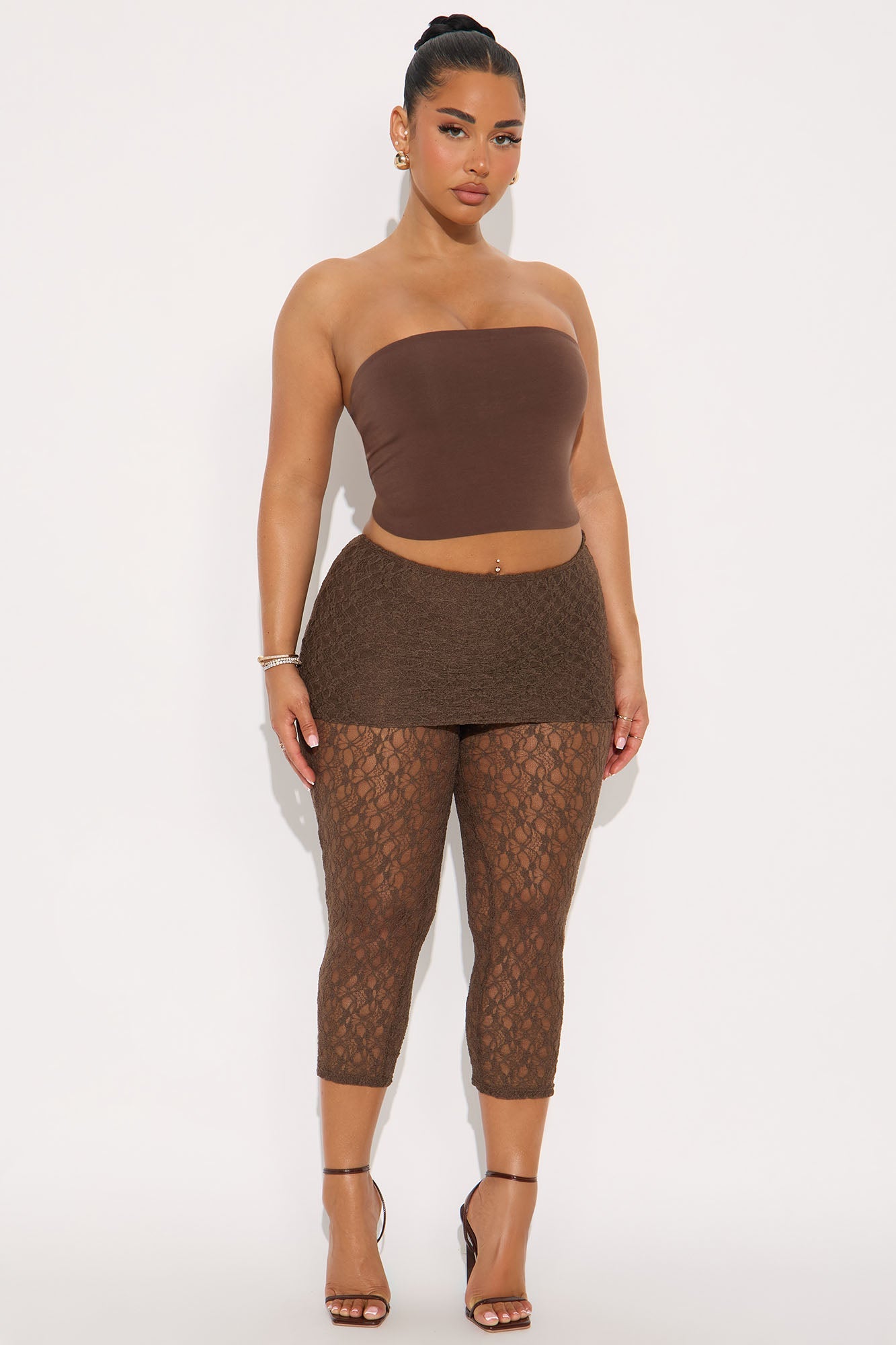 Raylene Mid Rise Lace Capri Legging - Chocolate