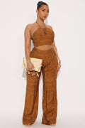 Golden Getaway Halter Top Wide Leg Pant Set - Cognac