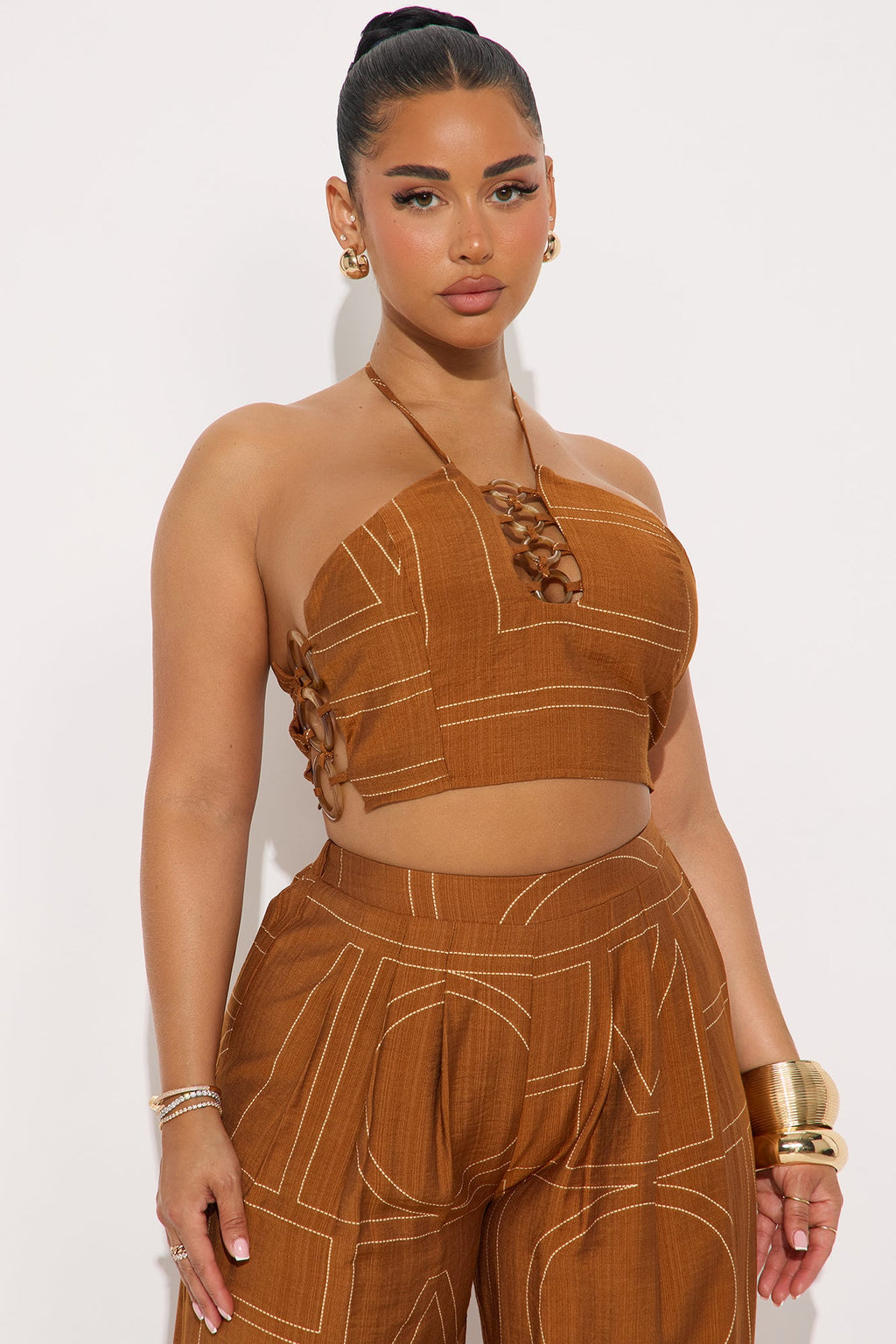Golden Getaway Halter Top Wide Leg Pant Set - Cognac