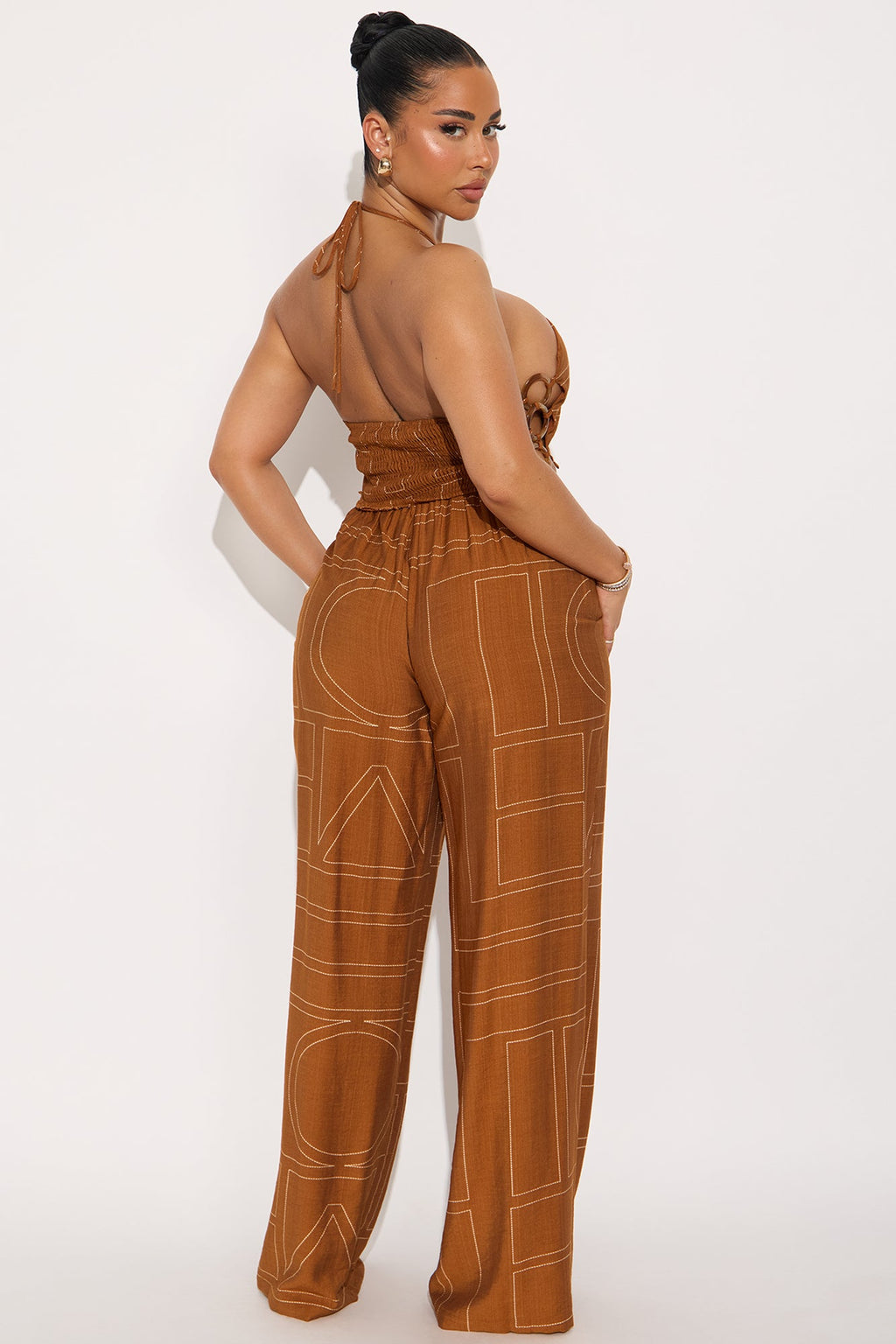 Golden Getaway Halter Top Wide Leg Pant Set - Cognac
