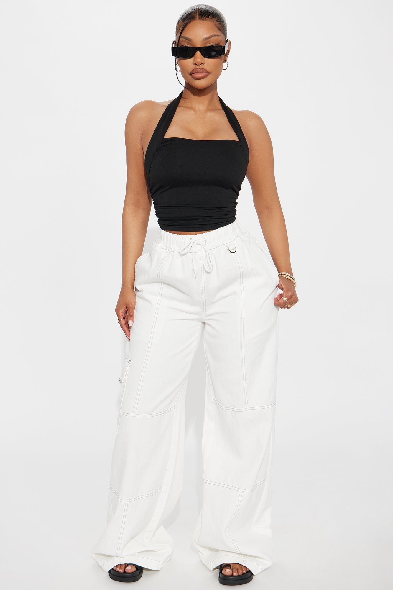 On The Go Cargo Wide Leg Jeans - White