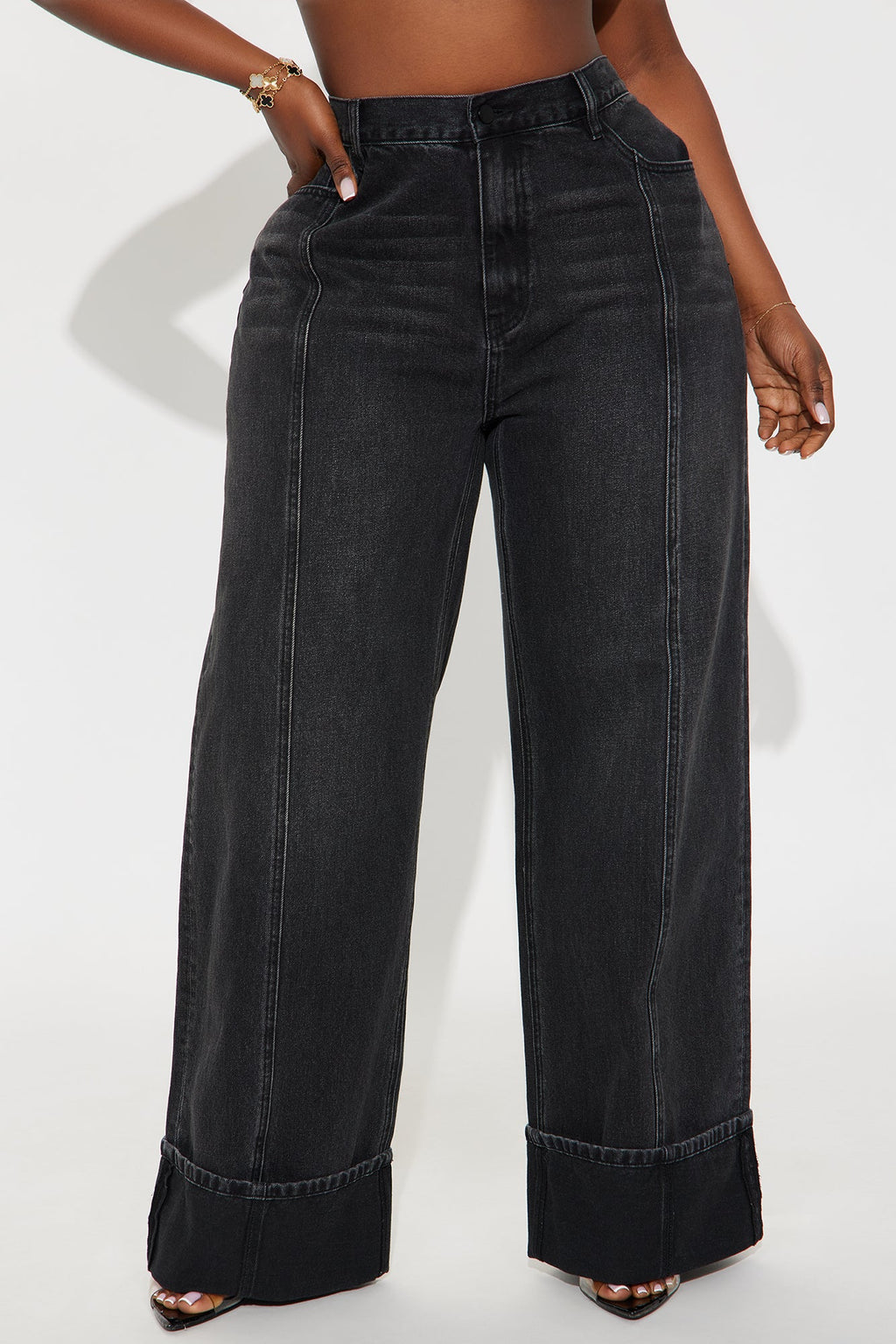 Unpredictable Cuffed Wide Leg Jeans - Black Wash