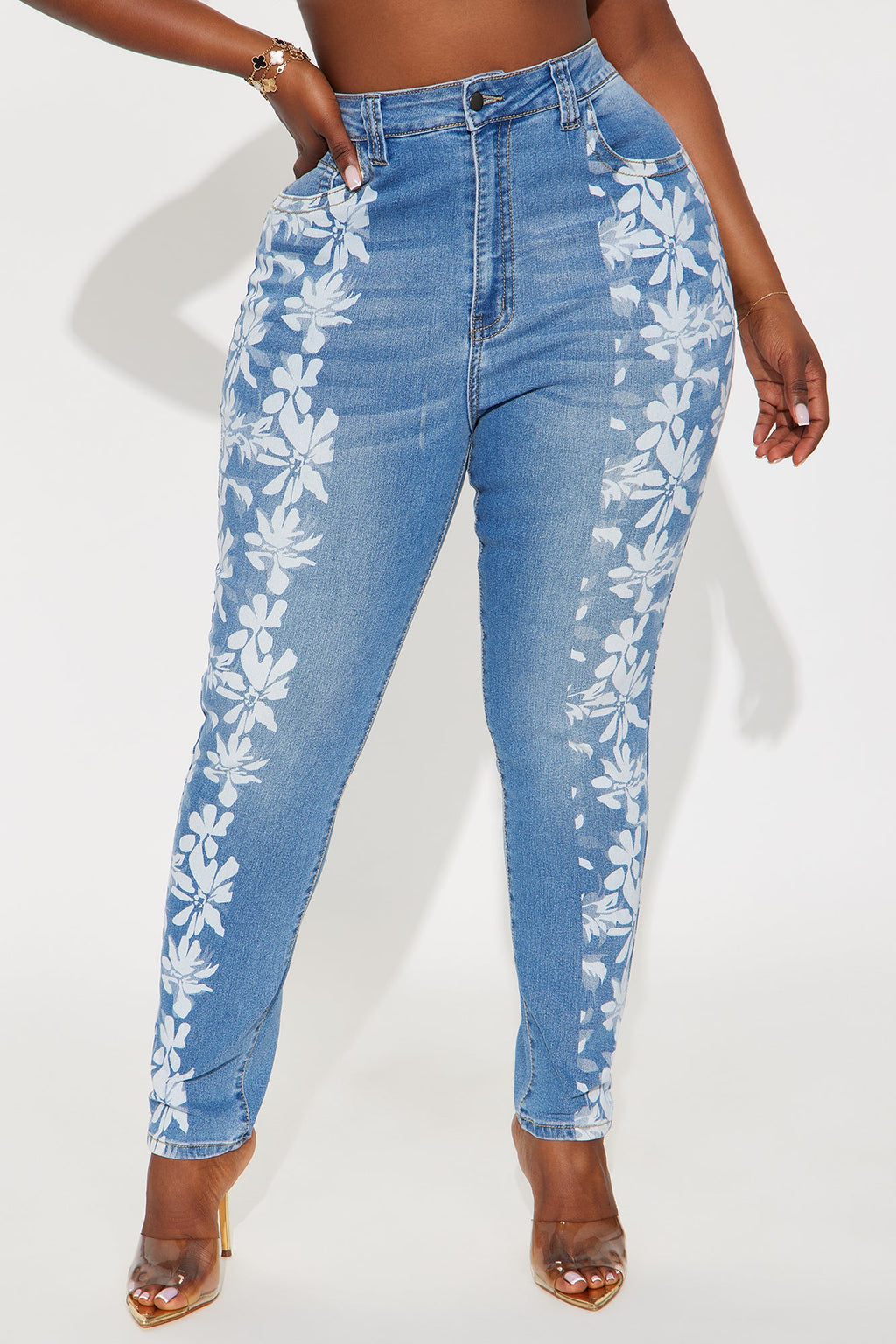 Late Bloomer Printed High Waist Skinny Jeans - Medium Wash