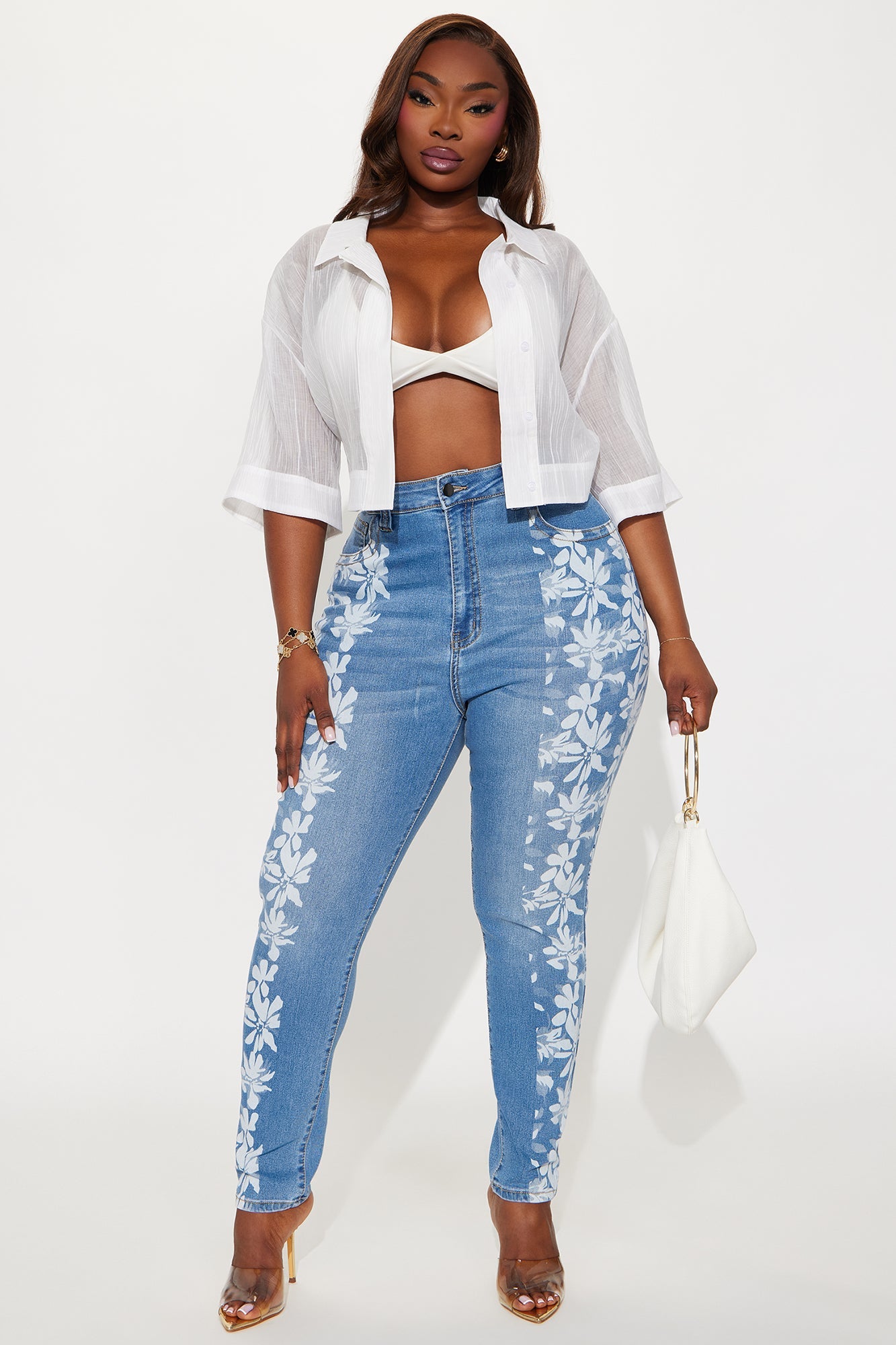 Late Bloomer Printed High Waist Skinny Jeans - Medium Wash