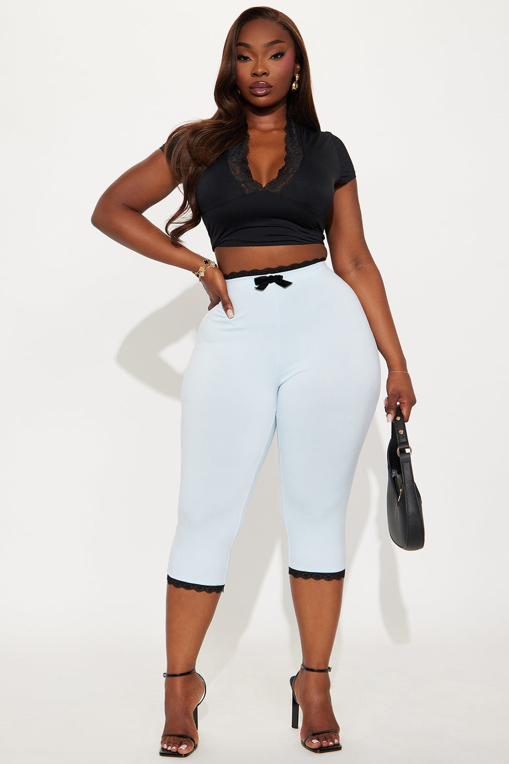 Valentina Solid Lace Trim Capri Legging - SkyBlue