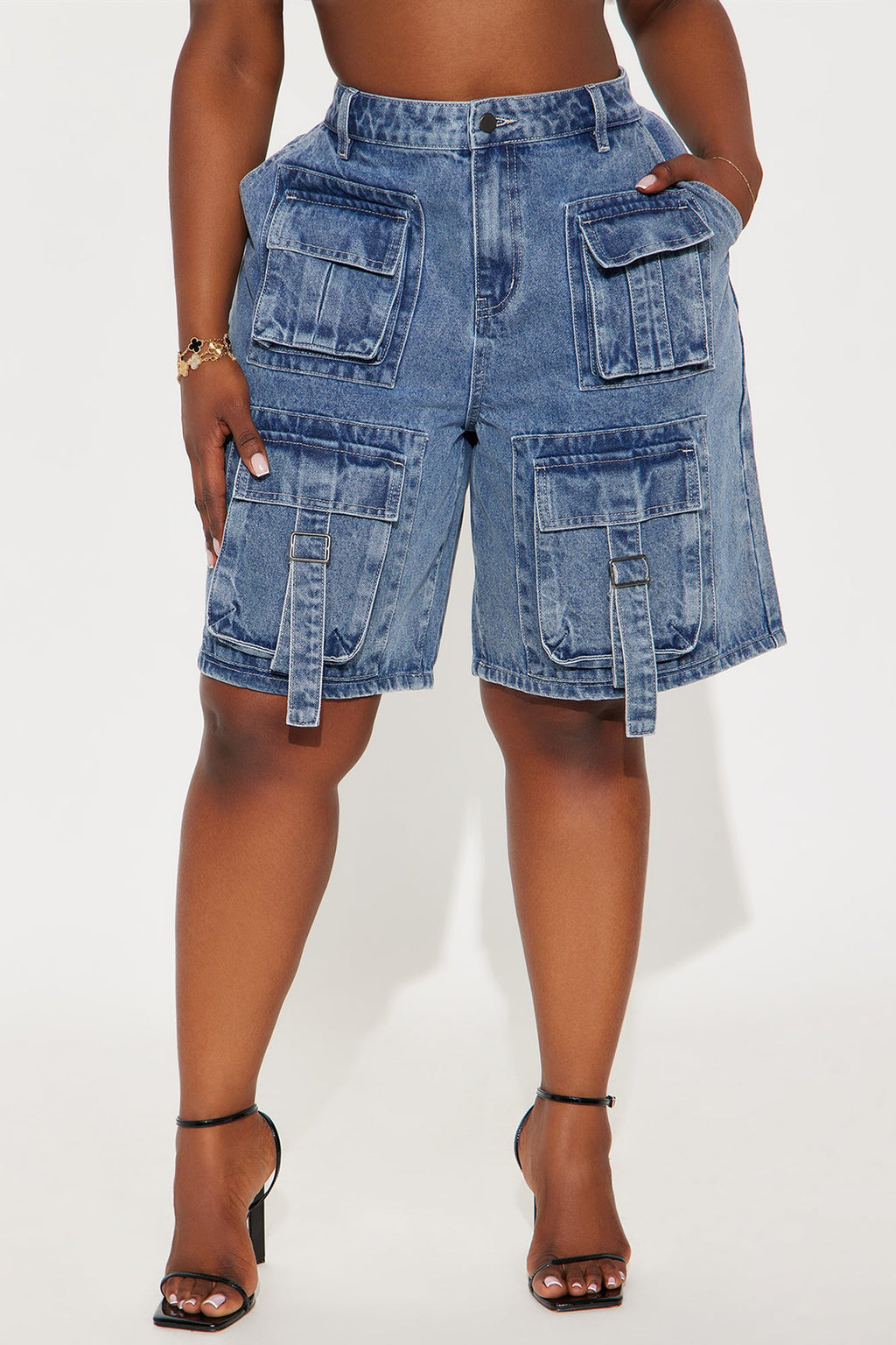 In My Own Lane Non Stretch Cargo Shorts - Medium Wash