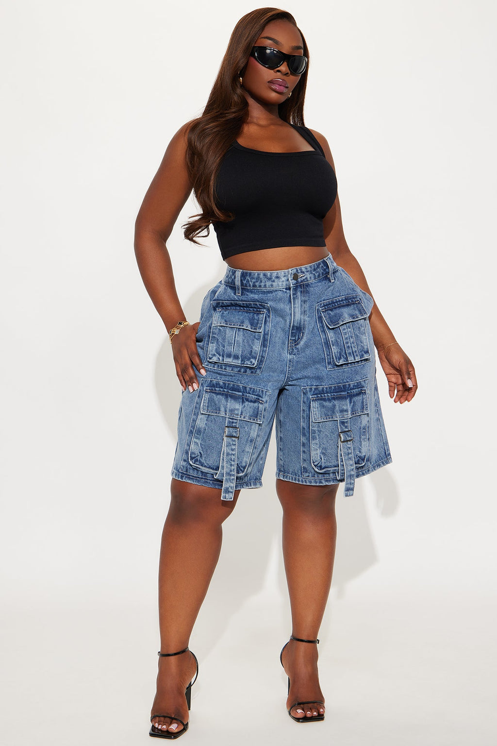 In My Own Lane Non Stretch Cargo Shorts - Medium Wash