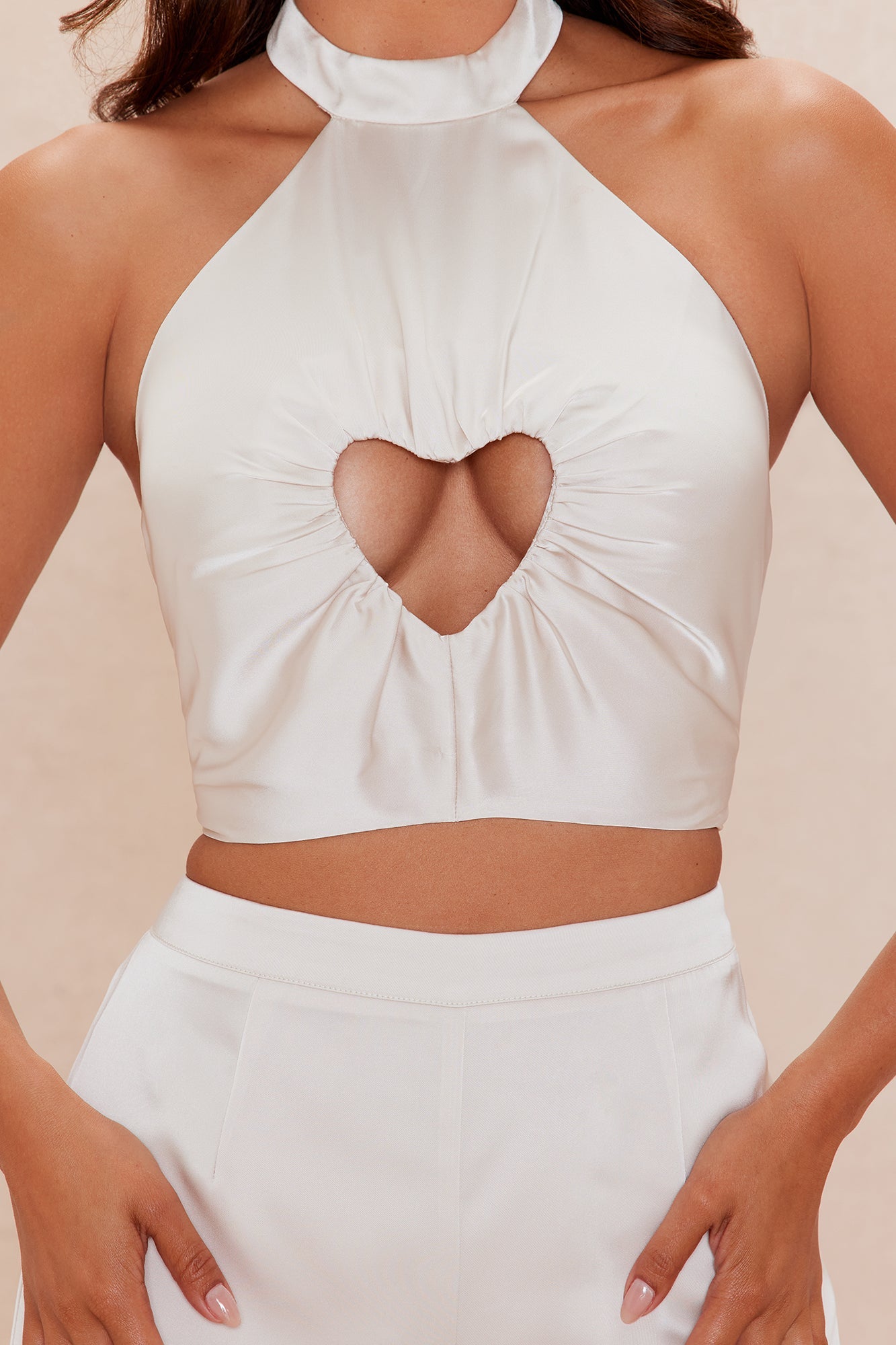 Amor Cut Out Satin Pant Set - Cream