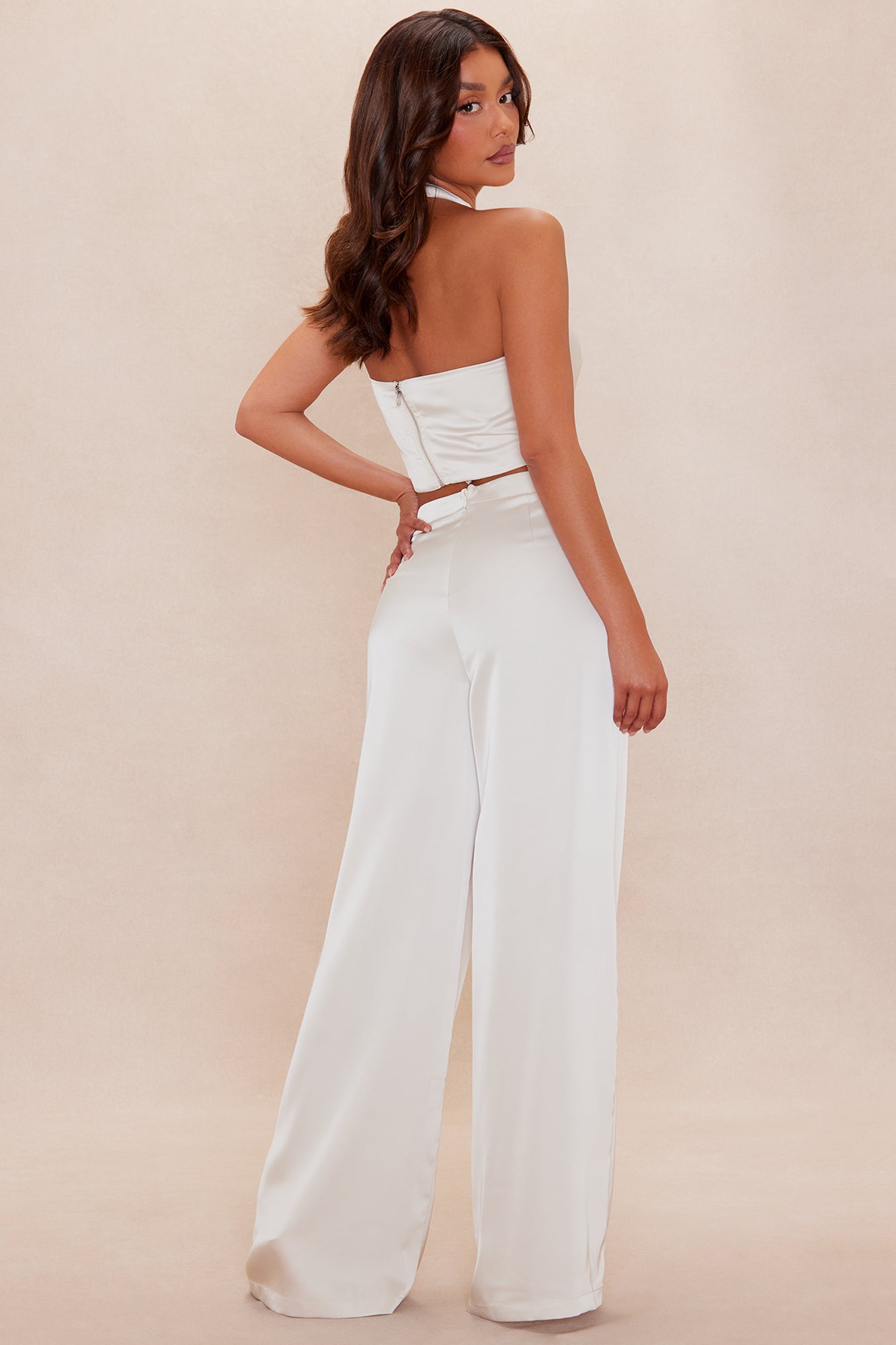 Amor Cut Out Satin Pant Set - Cream