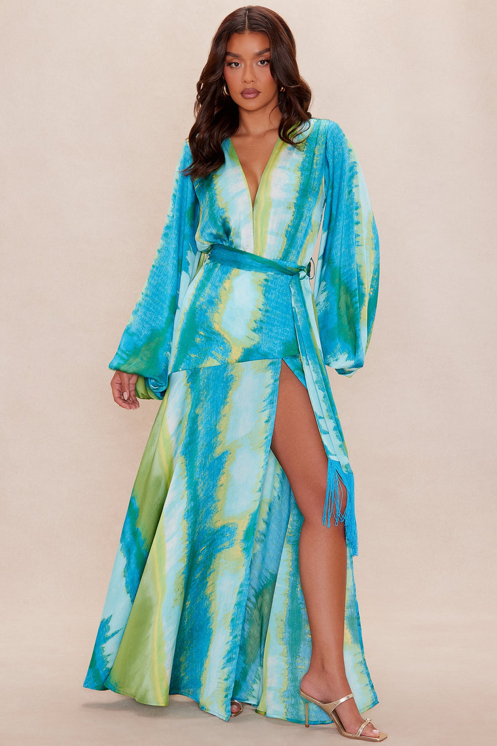 Too Chic Long Sleeve Satin Maxi Dress - Blue/combo