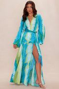Too Chic Long Sleeve Satin Maxi Dress - Blue/combo