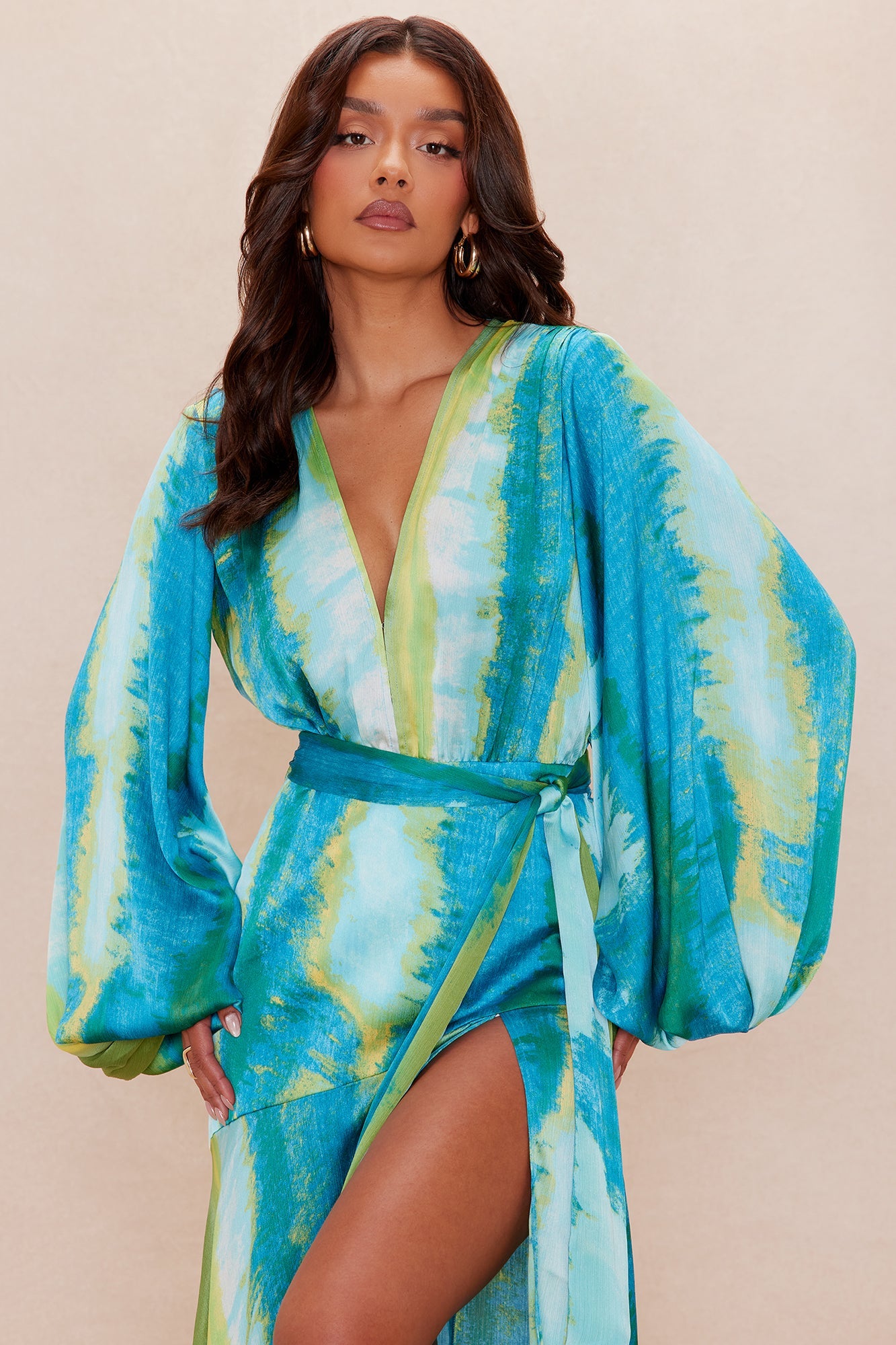 Too Chic Long Sleeve Satin Maxi Dress - Blue/combo