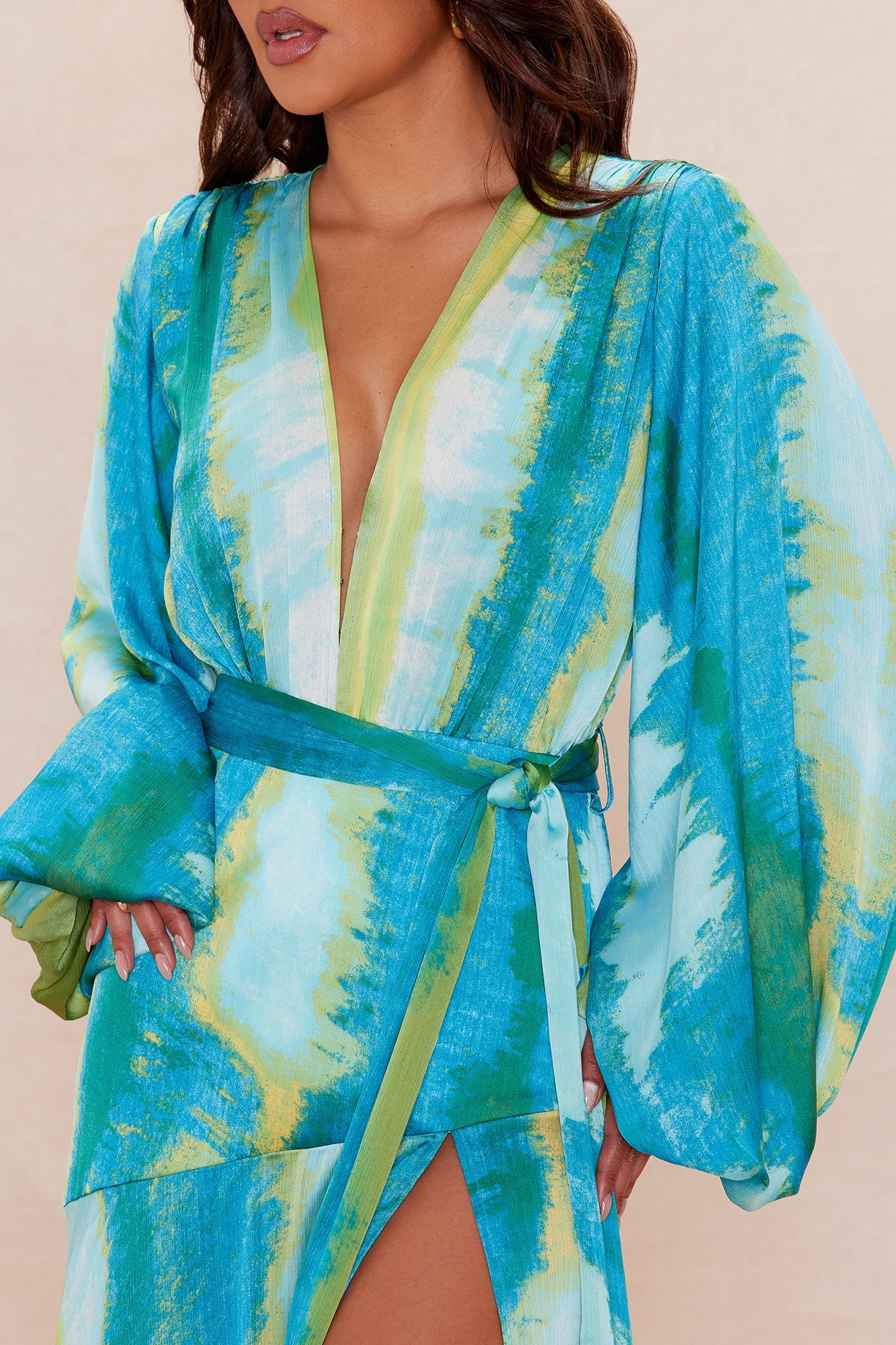 Too Chic Long Sleeve Satin Maxi Dress - Blue/combo