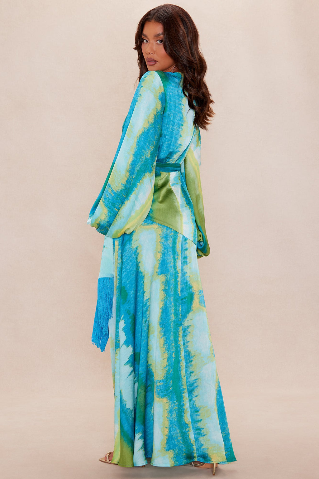 Too Chic Long Sleeve Satin Maxi Dress - Blue/combo