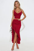 Sunset Sanctuary Textured Halter Skirt Set - Wine