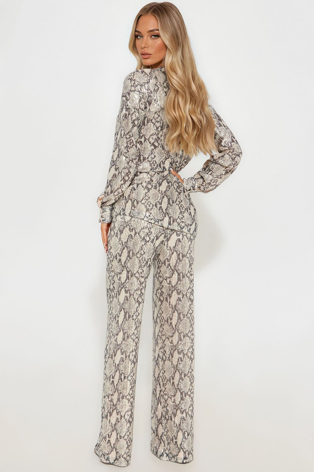 Snakebite Sequin Pant Set - Nude/combo
