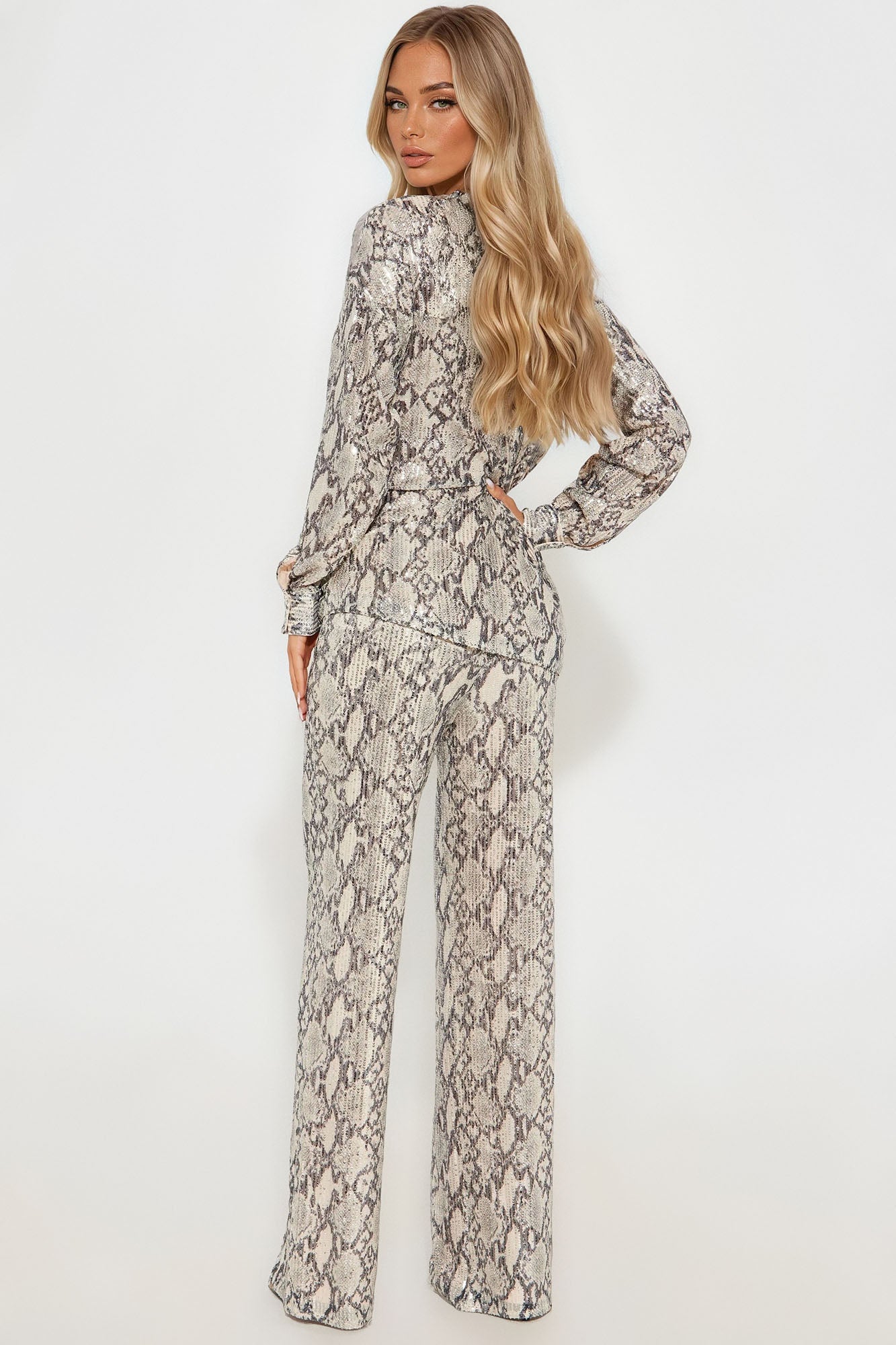 Snakebite Sequin Pant Set - Nude/combo