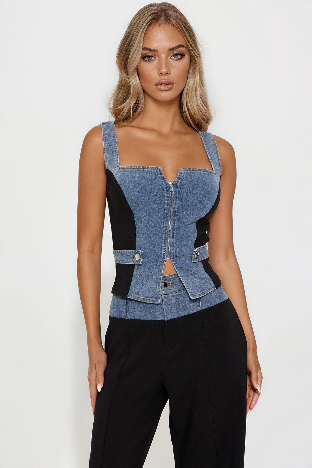 Shayla Denim Mix Wide Leg Pant Set - Black