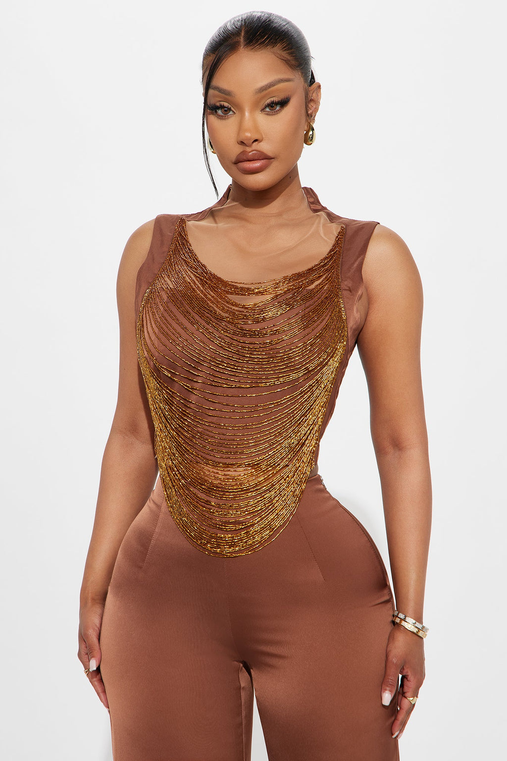 Glam Girl Satin Pant Set - Brown