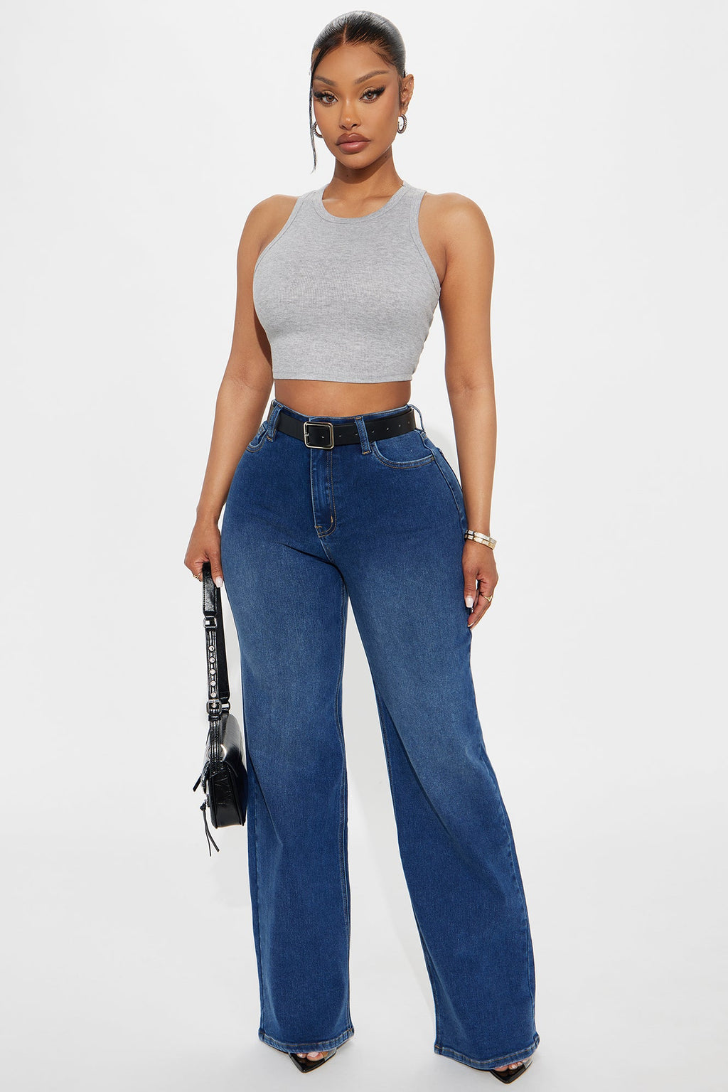 Make My Day Stretch Wide Leg Jeans - Dark Wash