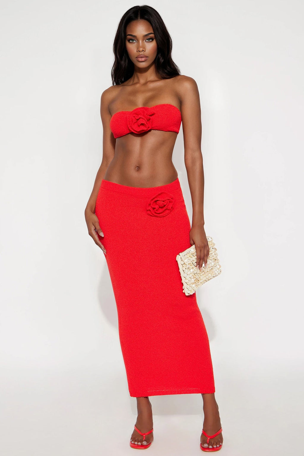 Mia Rose Crochet Bandeau Maxi Skirt Set - Red
