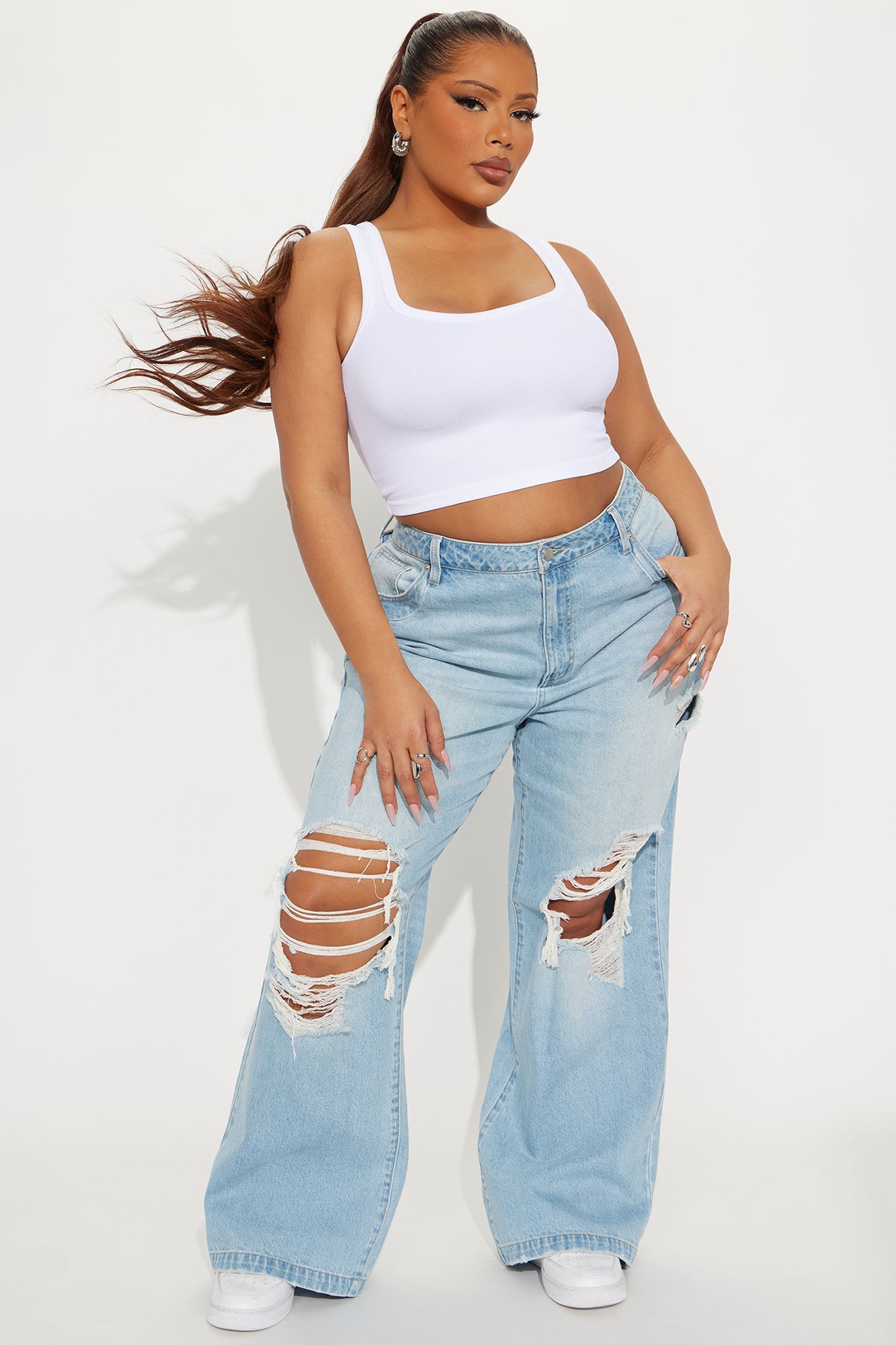 Not A Chance Ripped Non Stretch Wide Leg Jeans - Light Wash