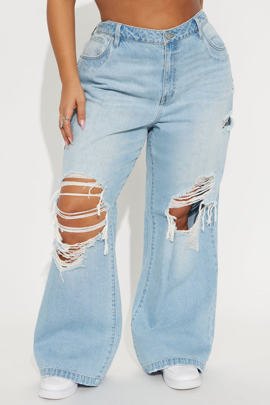 Not A Chance Ripped Non Stretch Wide Leg Jeans - Light Wash